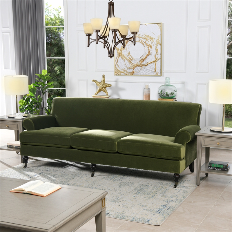 Pemberly Row Modern Recessed Arm Sofa Metal Casters Olive Green