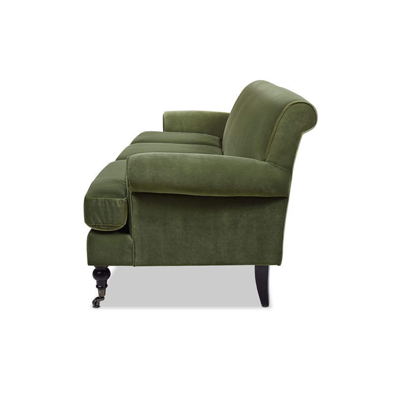 Pemberly Row Modern Recessed Arm Sofa Metal Casters Olive Green