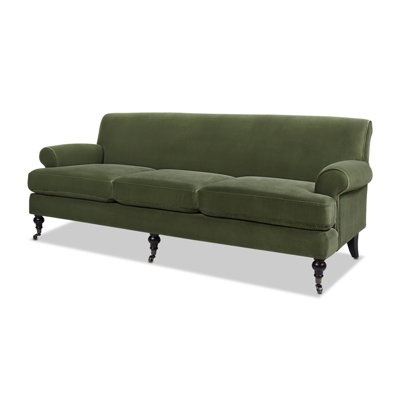 Pemberly Row Modern Recessed Arm Sofa Metal Casters Olive Green