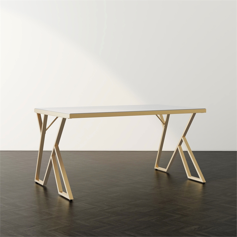 Pemberly Row Contemporary White Glass Top Dining Table