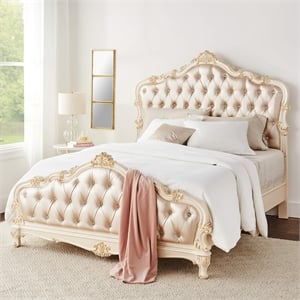 Pemberly Row Contemporary Queen Bed in Rose Gold PU & Pearl White