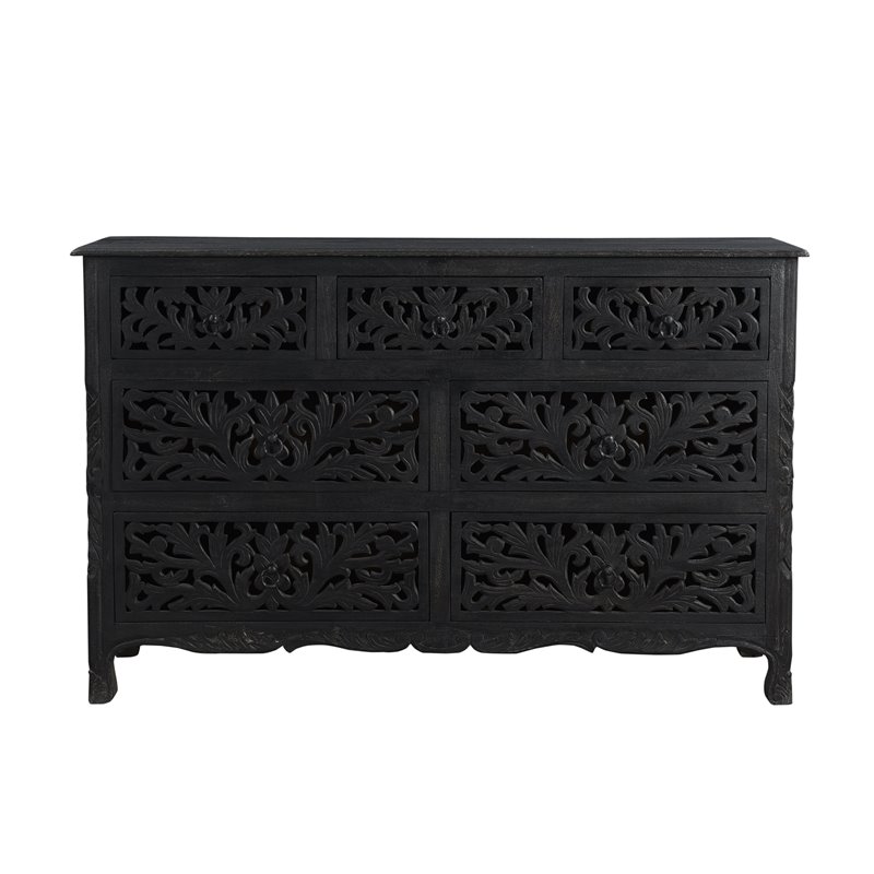 Pemberly Row 7-drawer Floral Carved Solid Wood Dresser in Black