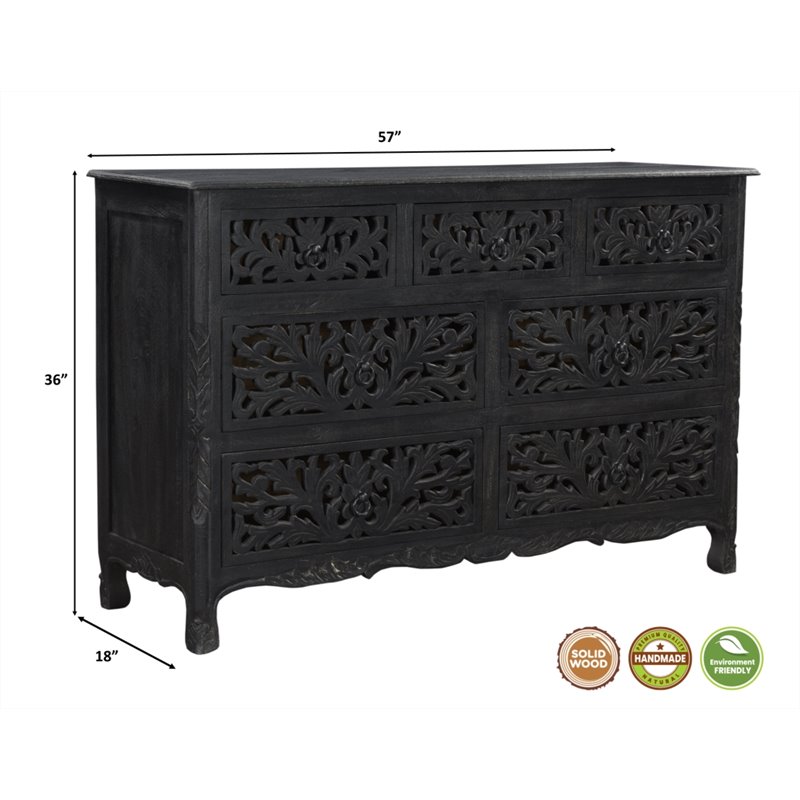Pemberly Row 7-drawer Floral Carved Solid Wood Dresser in Black