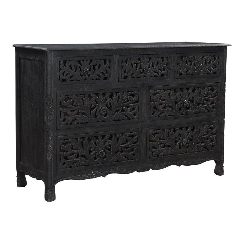 Pemberly Row 7-drawer Floral Carved Solid Wood Dresser in Black