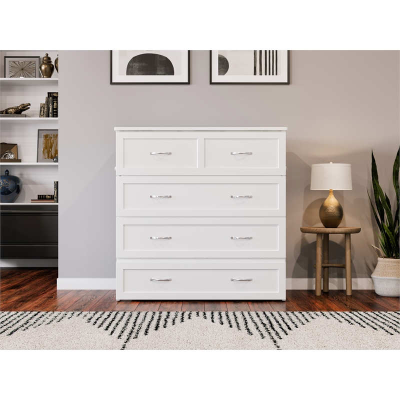 Pemberly Row Twin XL Solid Wood Modern Murphy Bed Chest with Mattress in White