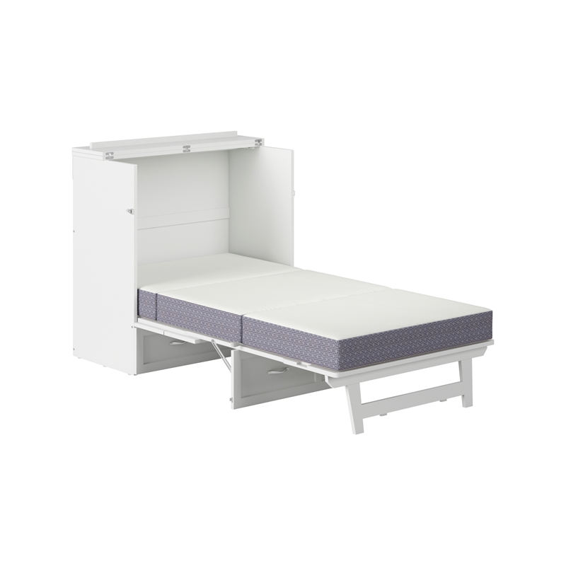 Pemberly Row Twin XL Solid Wood Modern Murphy Bed Chest with Mattress in White