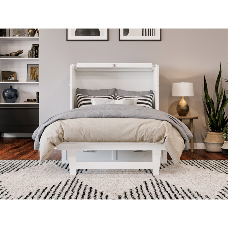 Pemberly Row Twin XL Solid Wood Modern Murphy Bed Chest with Mattress in White