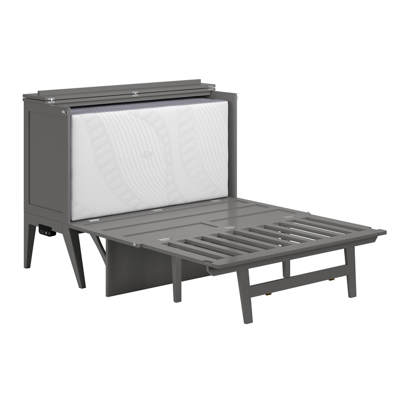 Pemberly Row Solid Wood Frame Full Size Murphy Bed Desk with Mattress in Gray