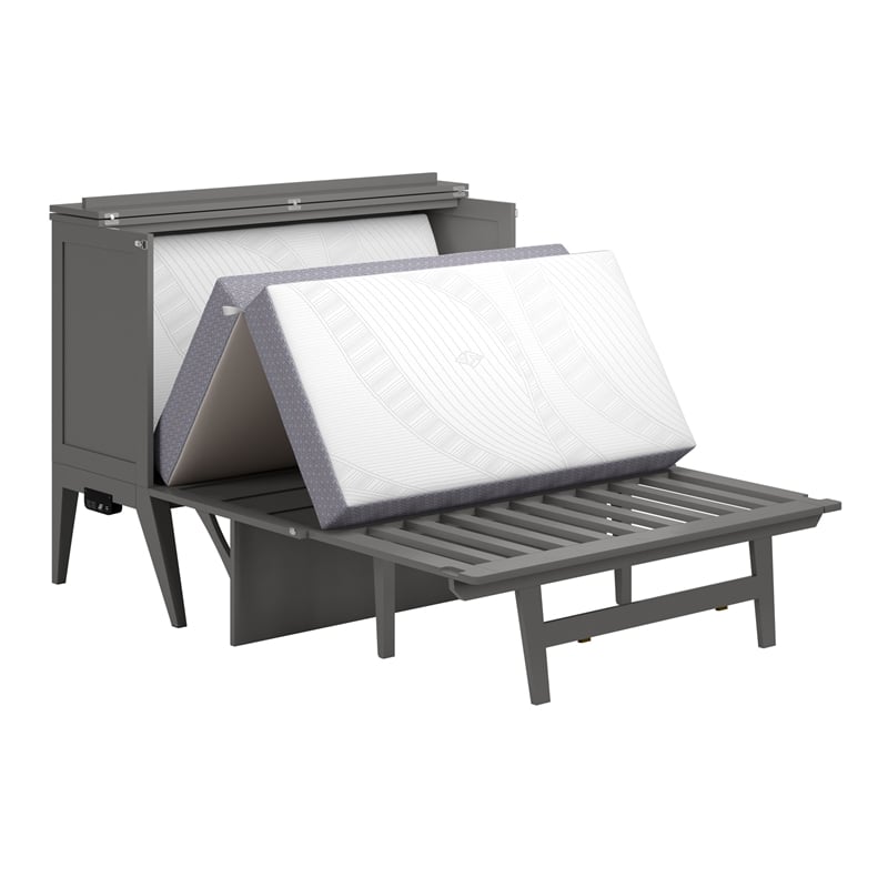 Pemberly Row Solid Wood Frame Full Size Murphy Bed Desk with Mattress in Gray