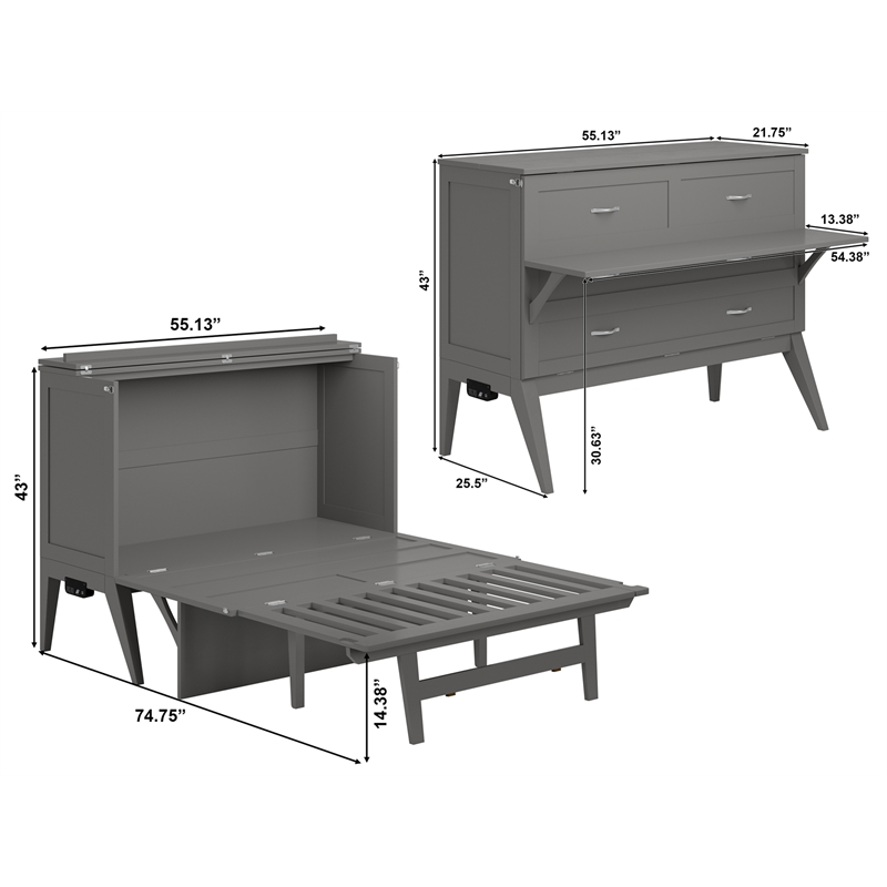 Pemberly Row Solid Wood Frame Full Size Murphy Bed Desk with Mattress in Gray