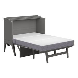 Pemberly Row Solid Wood Frame Full Size Murphy Bed Desk with Mattress in Gray