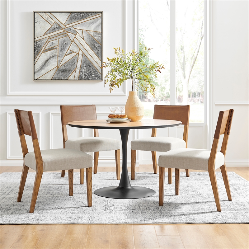 Pemberly Row PU/ Fabric Dining Side Chair in Brown/Beige (Set of 2)