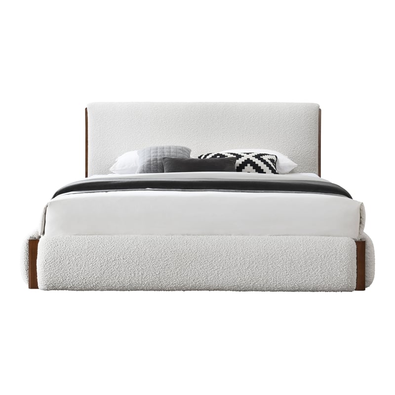 Pemberly Row Contemporary Boucle Fabric Upholstered Queen Bed in White & Walnut