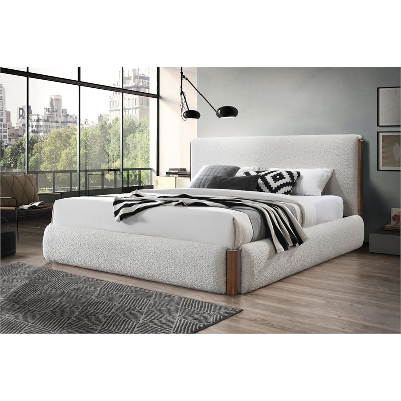 Pemberly Row Contemporary Boucle Fabric Upholstered Queen Bed in White & Walnut
