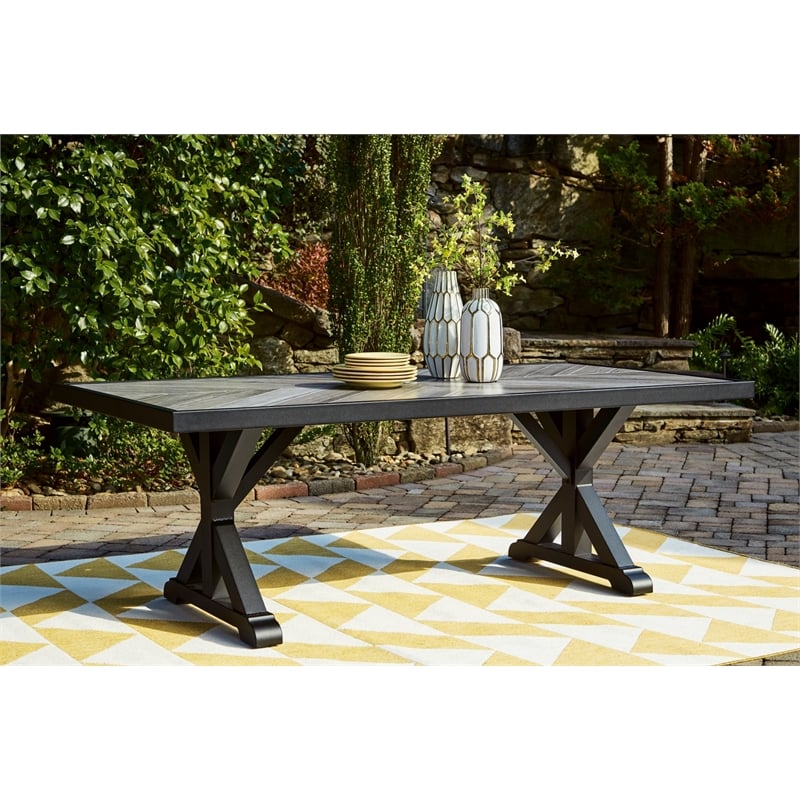 Pemberly Row Outdoor Powder Coated Aluminum Dining Table in Black and Gray