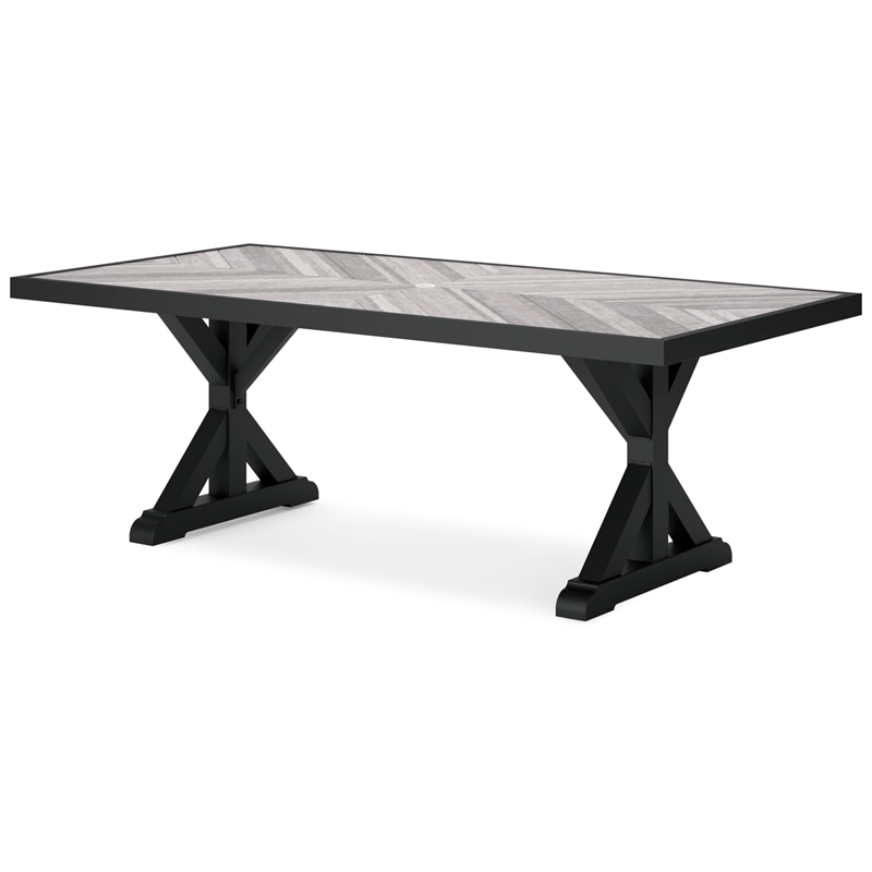 Pemberly Row Outdoor Powder Coated Aluminum Dining Table in Black and Gray