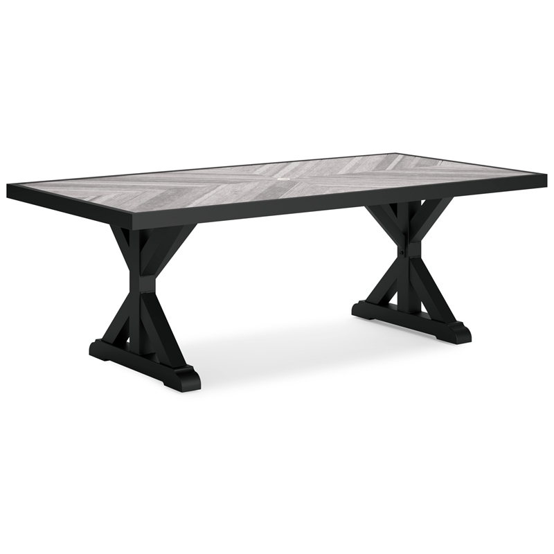 Pemberly Row Outdoor Powder Coated Aluminum Dining Table in Black and Gray