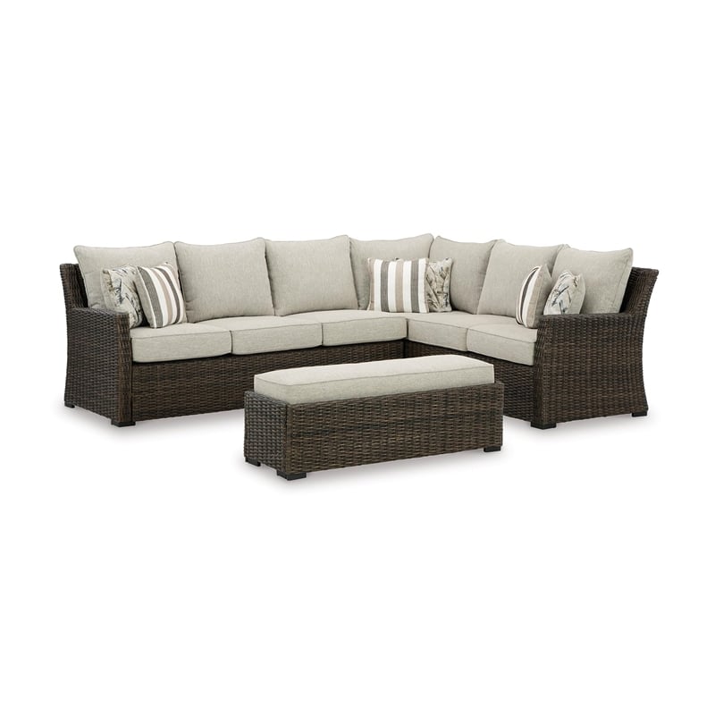 Pemberly Row Brown Outdoor Sectional with Cushion - Set of 3