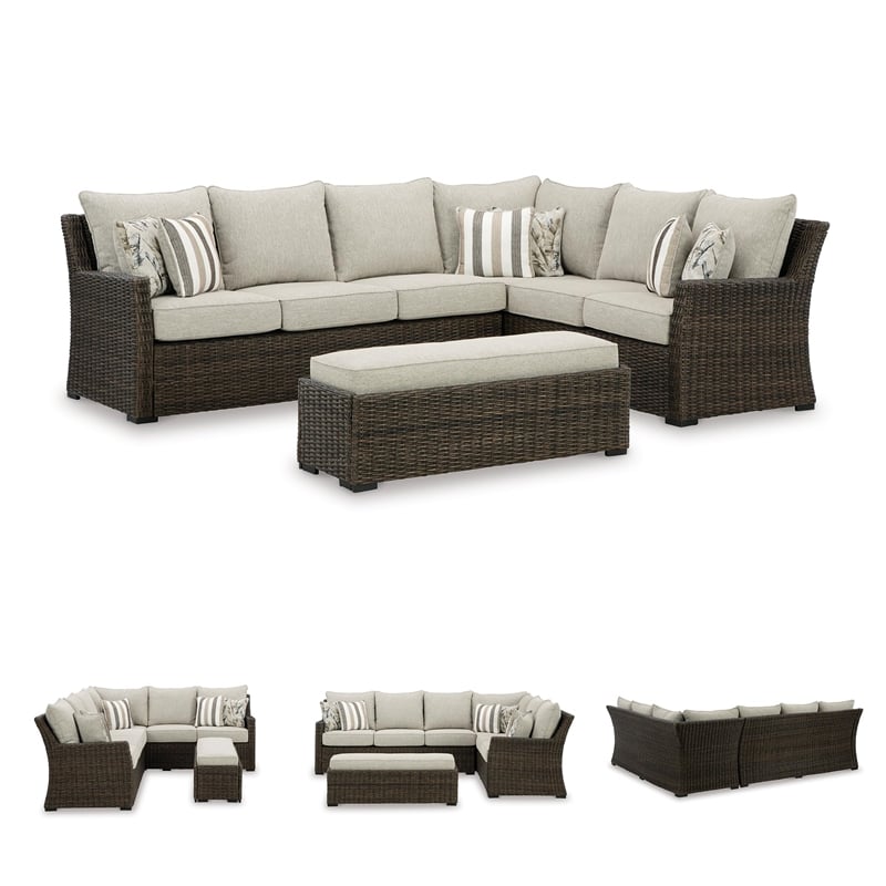 Pemberly Row Brown Outdoor Sectional with Cushion - Set of 3