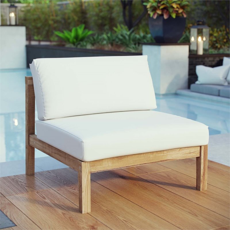 Pemberly Row Outdoor Patio Solid Teak Wood Armless Chair in Natural/White