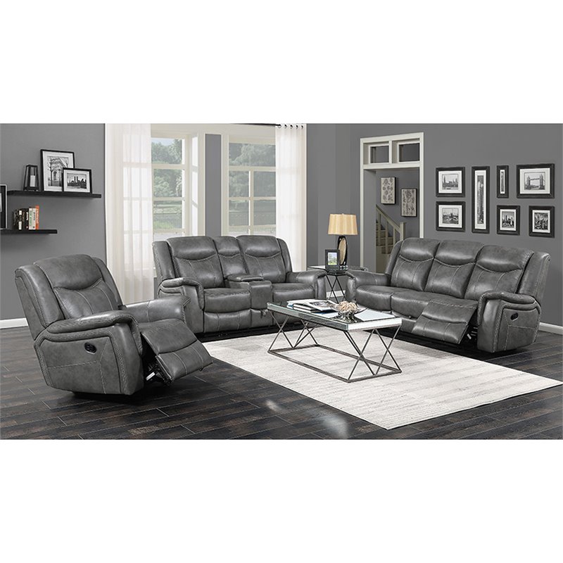 Pemberly Row 3-Piece Upholstered Faux Leather Motion Sofa Set in Gray