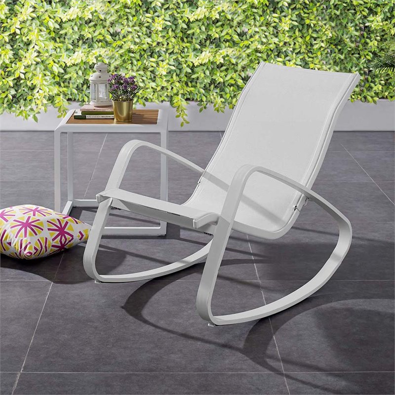 Pemberly Row Modern Mesh Fabric & Aluminum Patio Rocker in White