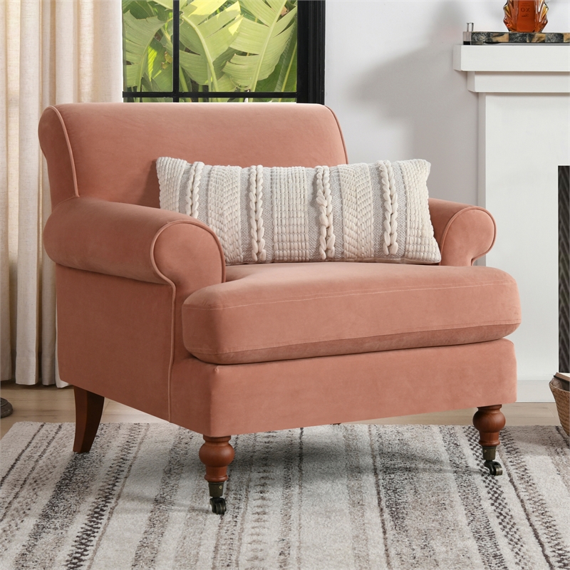 Pemberly Row Modern Accent Arm Chair Metal Casters Peach Orange