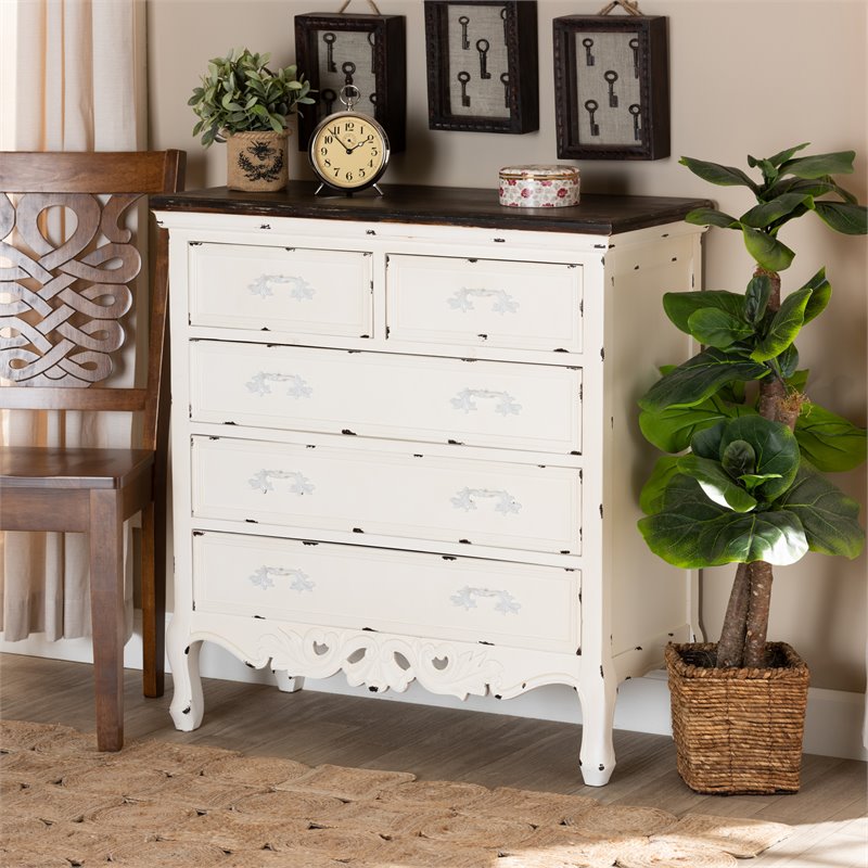Pemberly Row Brown and White Finished Wood 5-Drawer Storage Cabinet