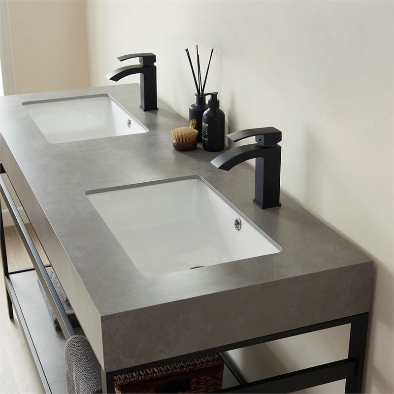 Pemberly Row Double Sink Bathroom Vanity - Matte Black Frame Gray Top