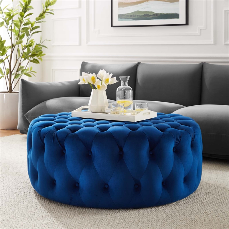 Pemberly Row Modern Button Tufted Round Velvet Ottoman in Navy