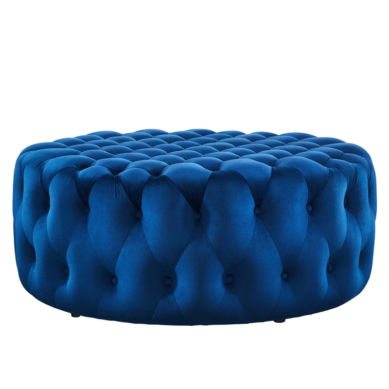 Pemberly Row Modern Button Tufted Round Velvet Ottoman in Navy