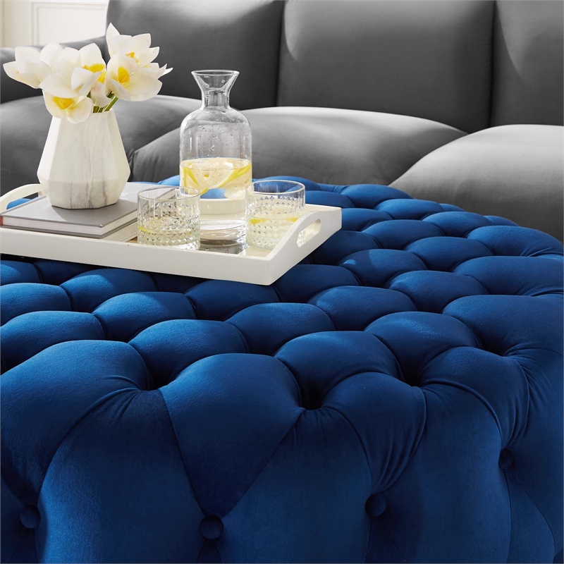 Pemberly Row Modern Button Tufted Round Velvet Ottoman in Navy
