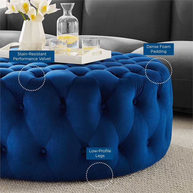 Pemberly Row Modern Button Tufted Round Velvet Ottoman in Navy