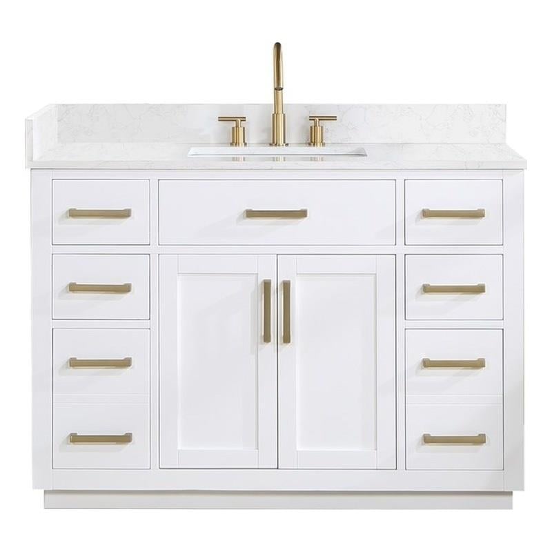 Pemberly Row Wood Vanity - White with Grain White Composite Stone Top