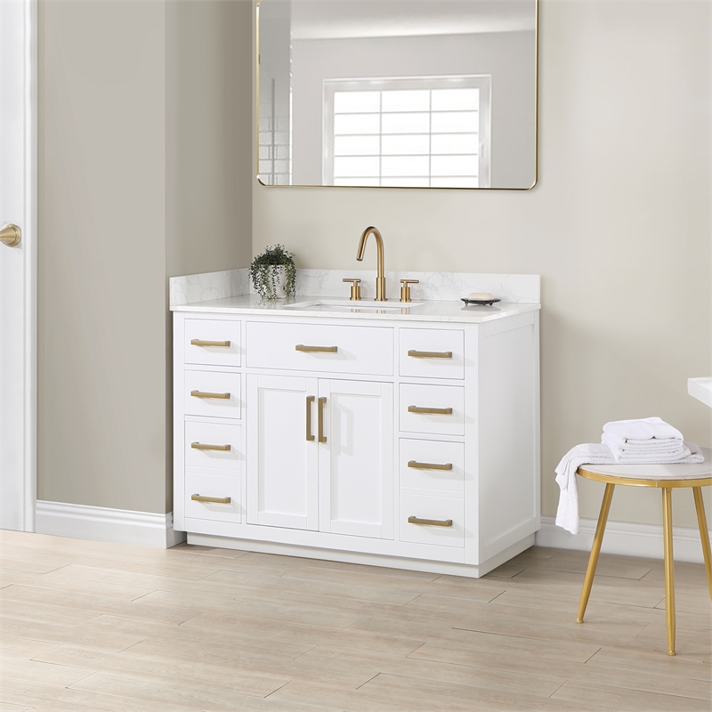 Pemberly Row Wood Vanity - White with Grain White Composite Stone Top