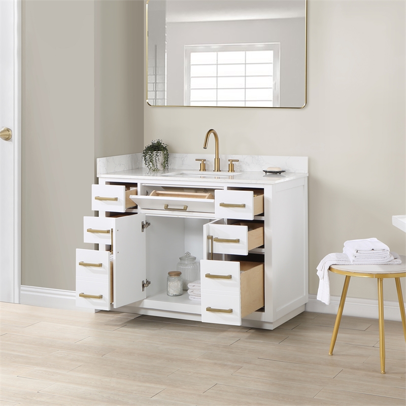 Pemberly Row Wood Vanity - White with Grain White Composite Stone Top