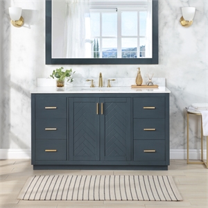 Pemberly Row 60&quotW Wood Vanity - Classic Blue with Composite Stone Top