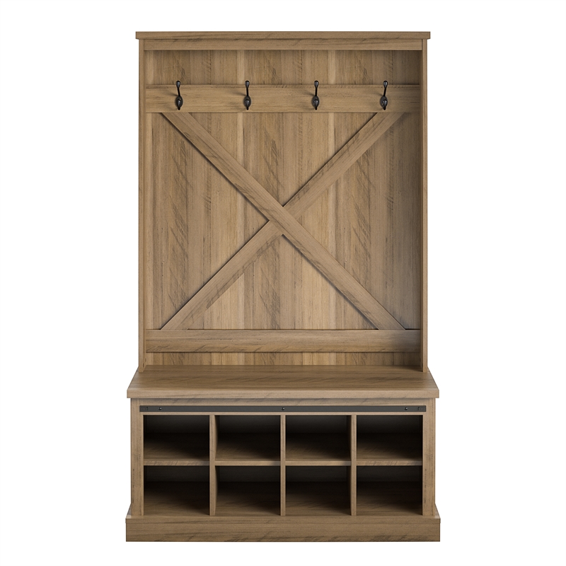 Pemberly Row Entryway Bench Hall Tree withShoe Storage in Rustic Oak