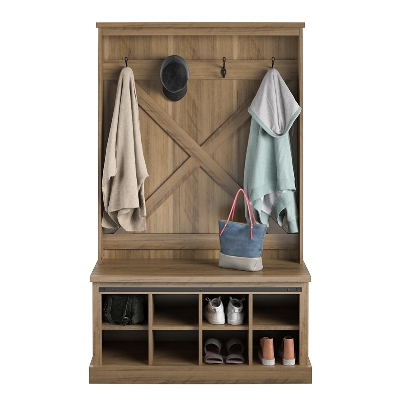 Pemberly Row Entryway Bench Hall Tree withShoe Storage in Rustic Oak
