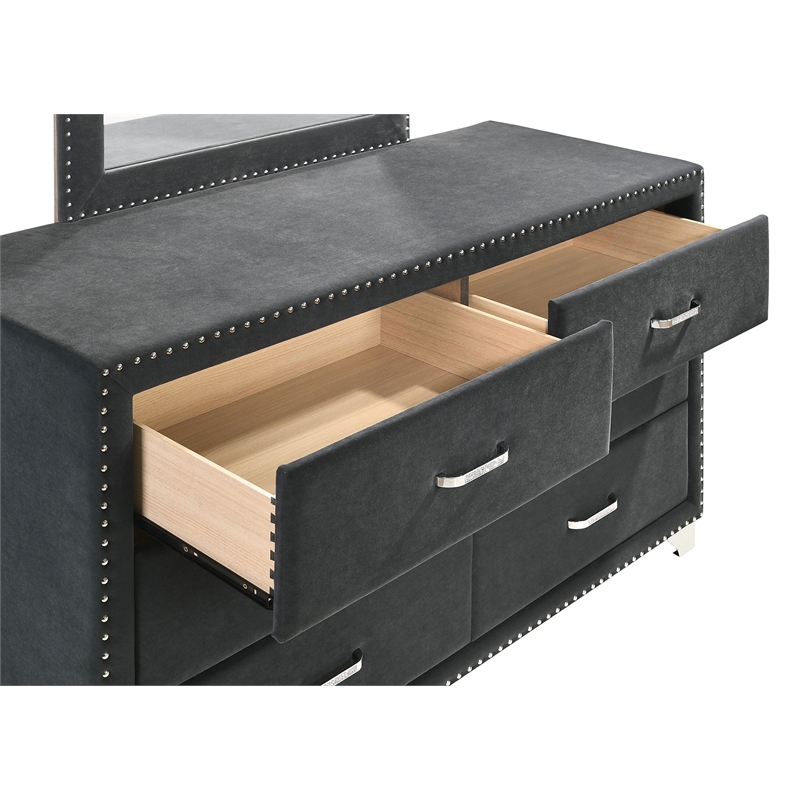 Pemberly Row 6-drawer Velvet Upholstered Dresser with Mirror Gray