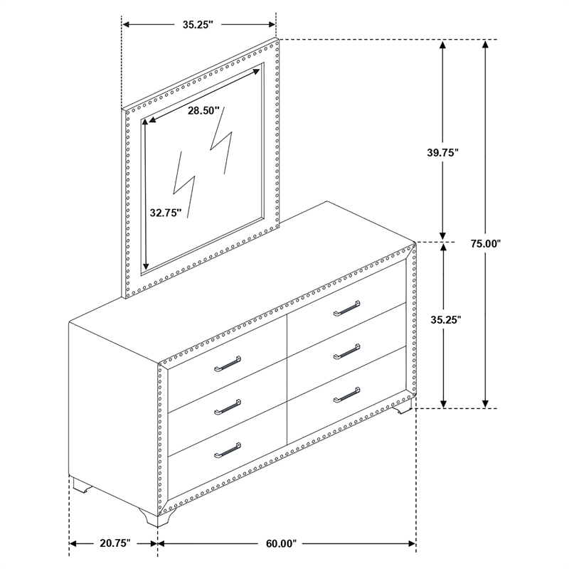 Pemberly Row 6-drawer Velvet Upholstered Dresser with Mirror Gray
