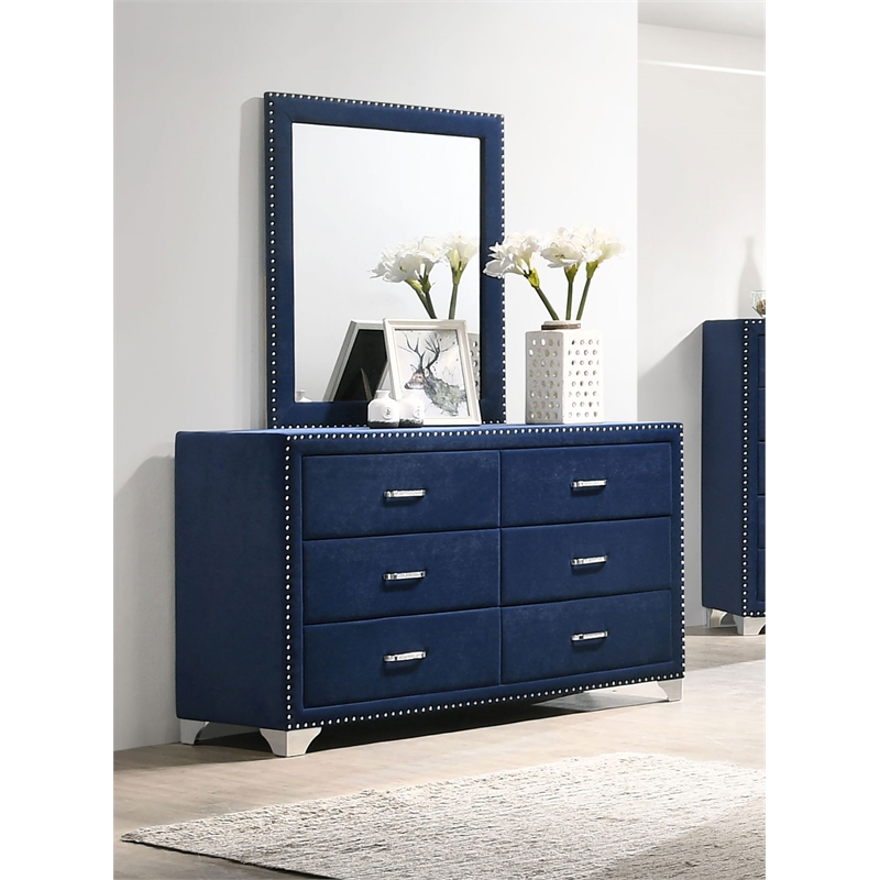 Pemberly Row 6-drawer Velvet Upholstered Dresser with Mirror Pacific Blue