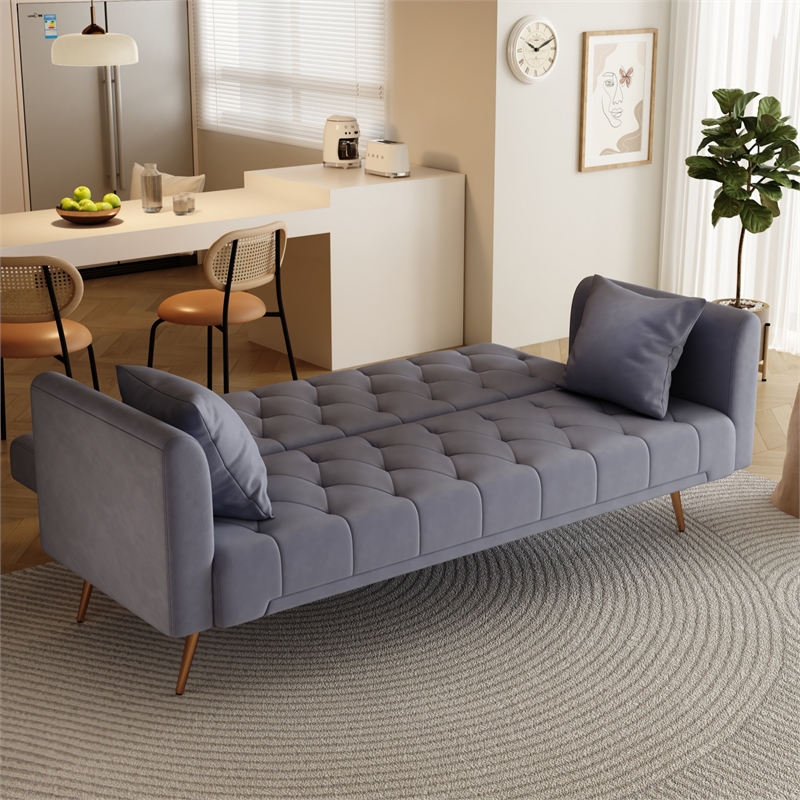 Pemberly Row Convertible Gray Velvet Sofa Bed Folding with Adjustable Backrest