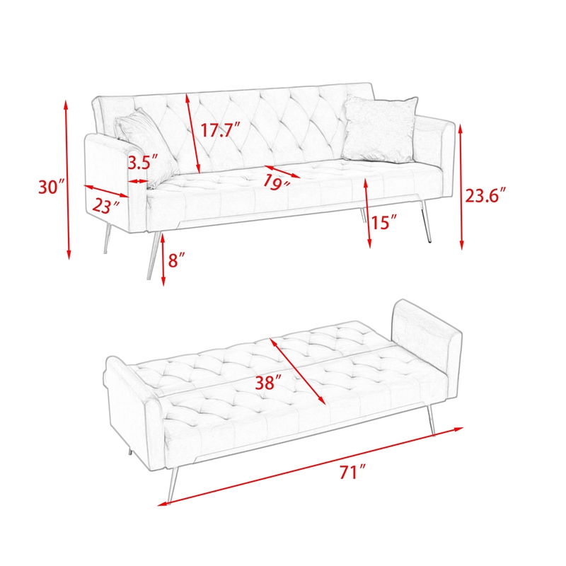 Pemberly Row Convertible Gray Velvet Sofa Bed Folding with Adjustable Backrest
