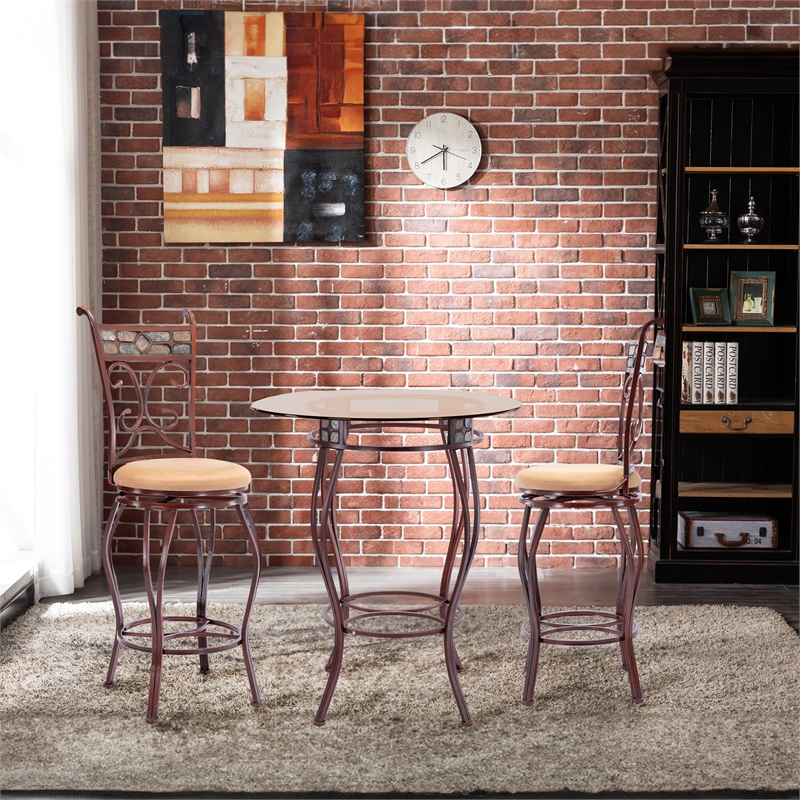 Pemberly Row Modern Metal Bar Height 3 Piece Pub Set Brown Finish