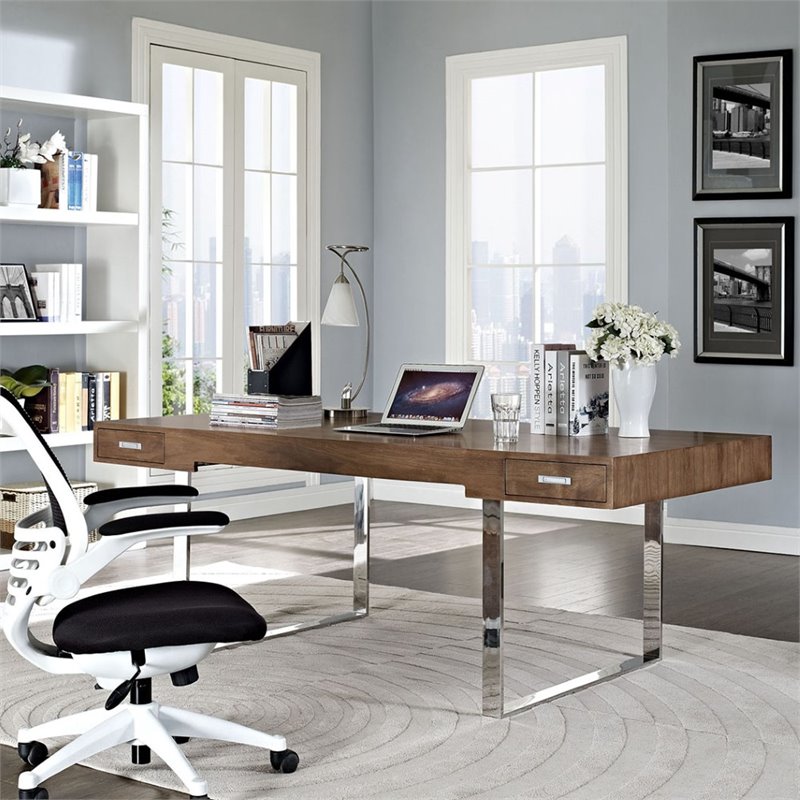 Pemberly Row Modern Stainless Steel & Wood Office Desk in Walnut