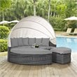 Pemberly Row Canopy Rattan and Fabric Patio Daybed in Canvas/Gray