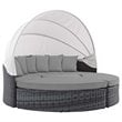 Pemberly Row Canopy Rattan and Fabric Patio Daybed in Canvas/Gray