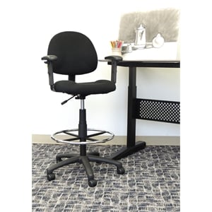 Pemberly Row Contoured Comfort Rolling Fabric Drafting Stool with Arms in Black