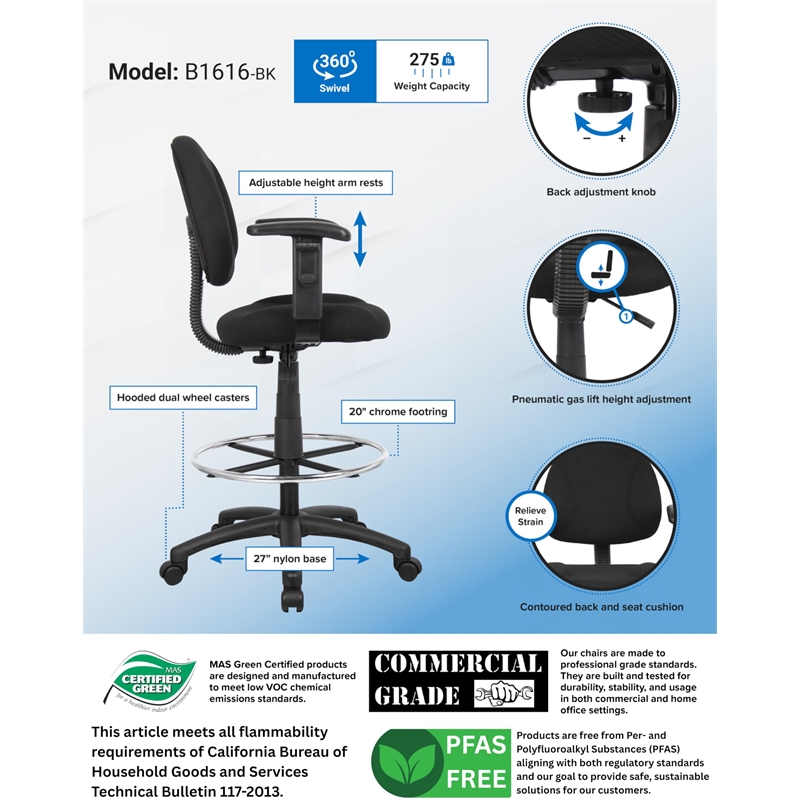 Pemberly Row Contoured Comfort Rolling Fabric Drafting Stool with Arms in Black